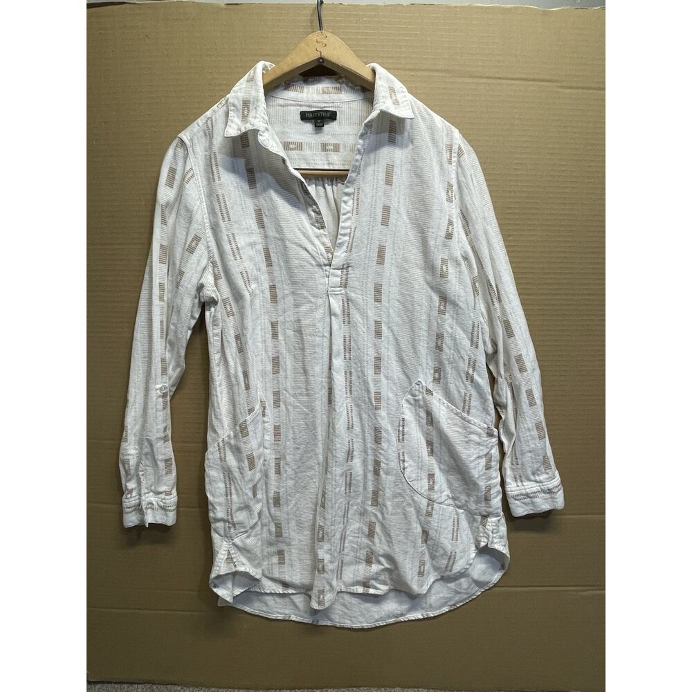For Cynthia Linen Blend Striped Tunic Top White Tan Coastal Beachy Size Medium